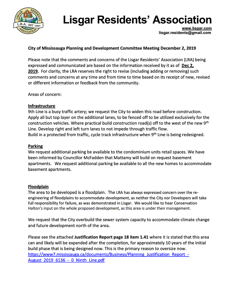 LRA Position on Ninth Line Development